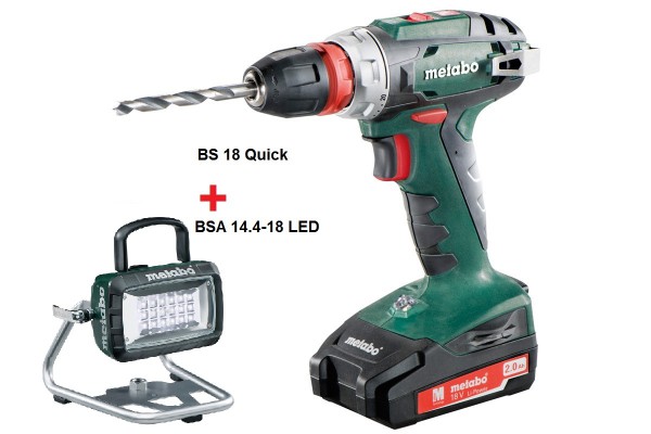 Metabo 18V-Akku-Wekzeugset, Bohrschrauber BS 18 Quick + Baustrahler BSA 14,4-18 LED