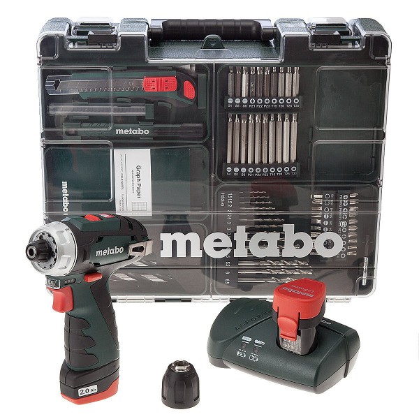 Metabo 10.8V-Akku-Wekzeugset, Bohrschrauber PowerMaxx BS Basic 10.8V + 63-teiliges Zubehör